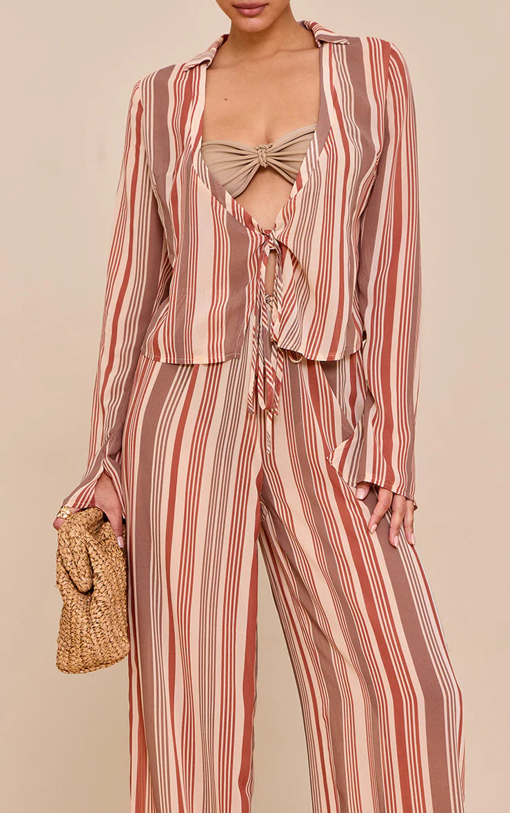 Beige Chiffon Striped Wide Leg Pants