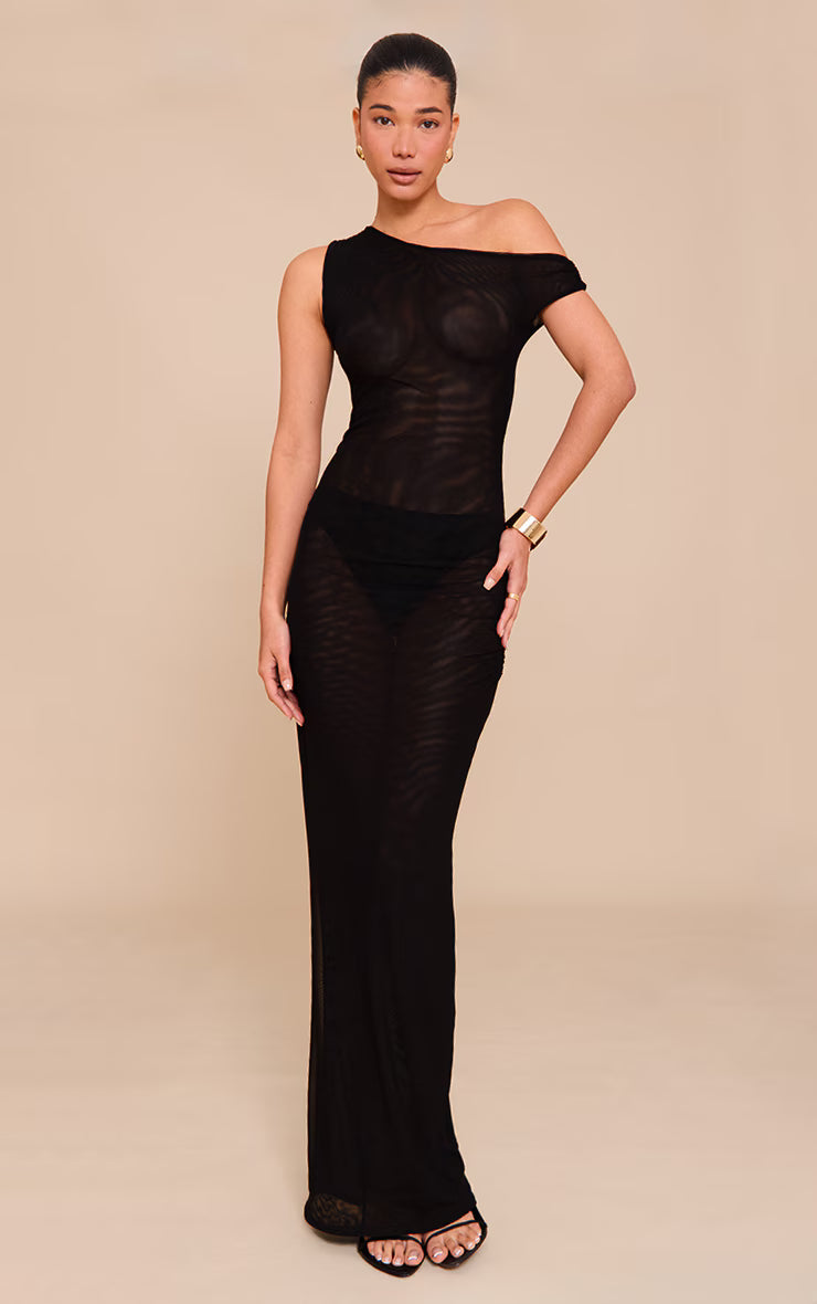 Black Double Layer Mesh Asymmetric Neck Maxi Dress