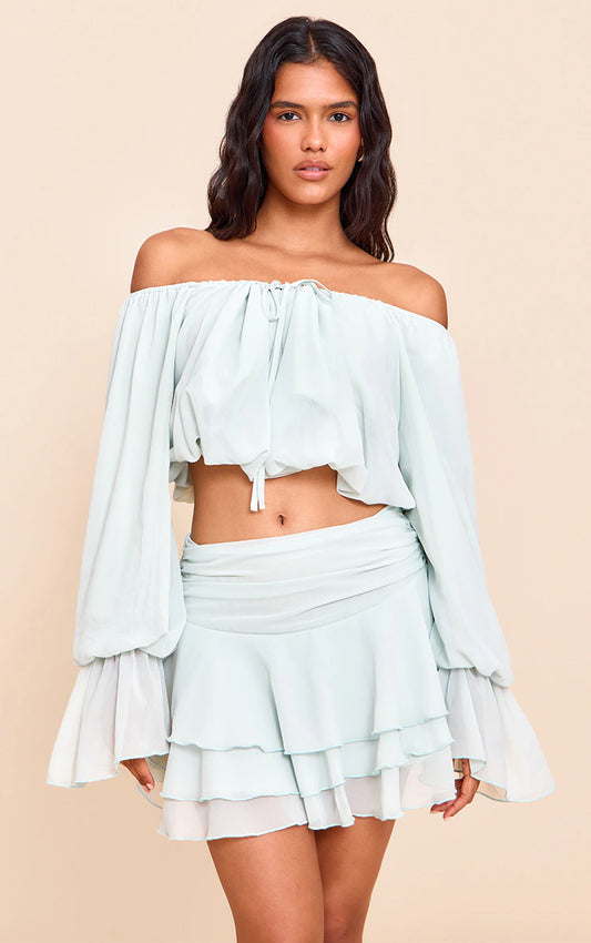 Sage Chiffon Bardot Balloon Sleeve Top