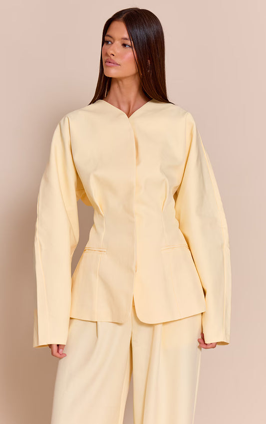 Butter Cream Premium Woven Tailored Collarless Blazer