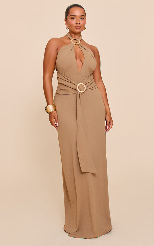 Shape Khaki Hammered Satin Ring Detail Halter Maxi Dress