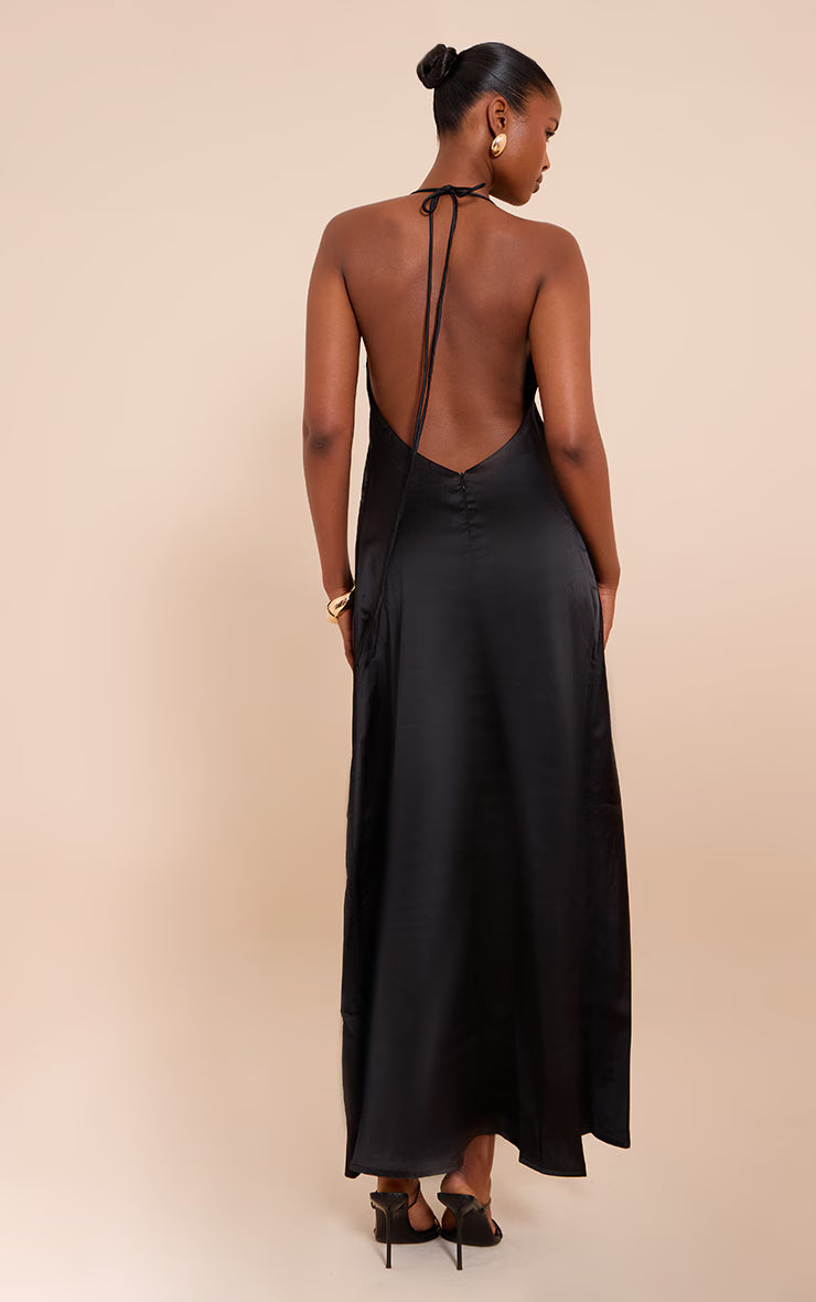 Black Satin Lace Up Back Maxi Slip Dress