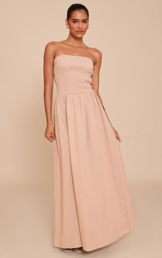 Mushroom Bandeau Shirred Detail Maxi Dress