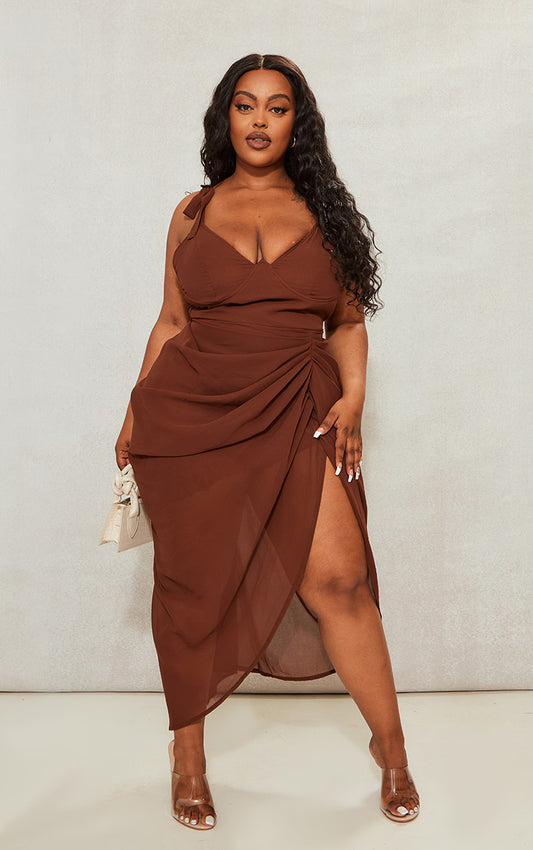 Plus Chocolate Underwire Detail Draped Midi Dress