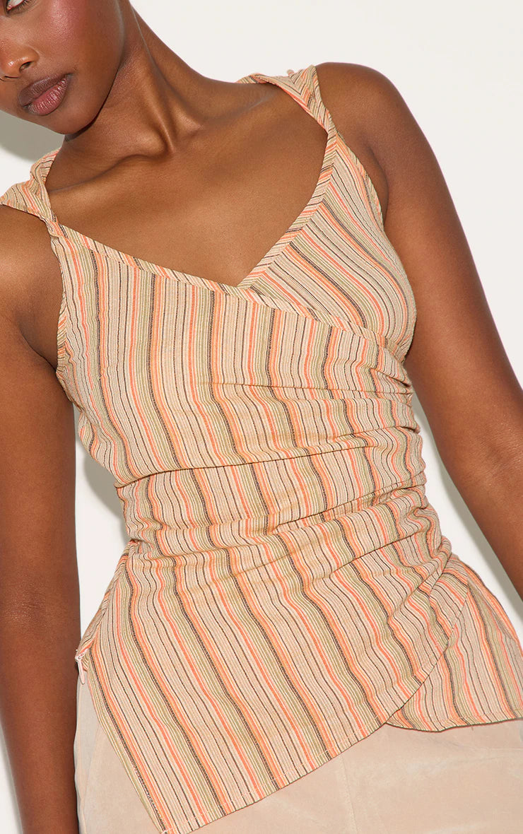 Orange Linen Look Striped Ruched Wrap Front Top