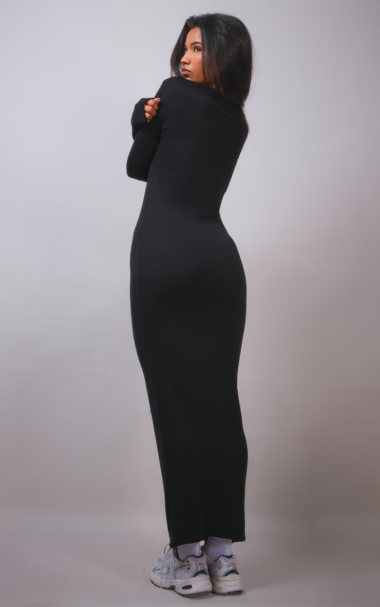 Black High Neck Boat Neck Split Maxi Dress
