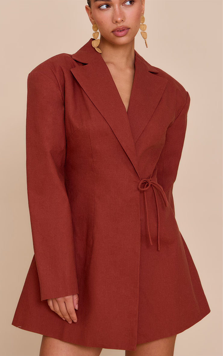 Rust Linen Blend Tie Detail Blazer Dress