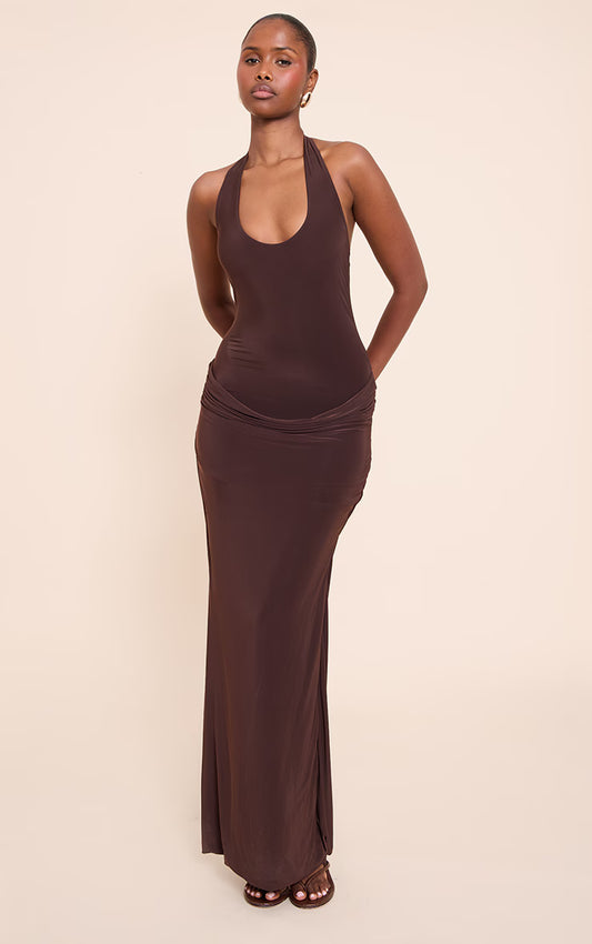 Chocolate Slinky Halterneck Ruched Detail Maxi Dress