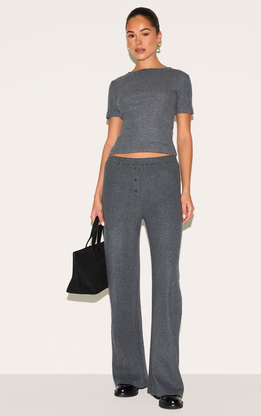 Charcoal Brushed Rib Button Up Detail Straight Leg Pants