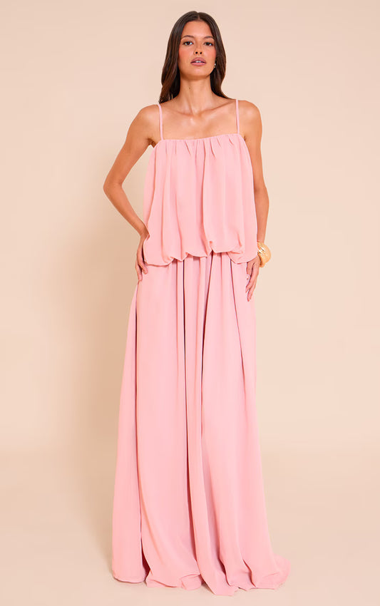Blush Chiffon Layered Puffball Maxi Dress