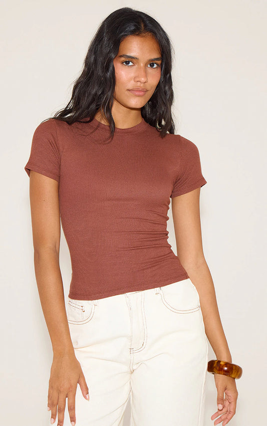 Chocolate Soft Rib Crew Neck Short Sleeve Top