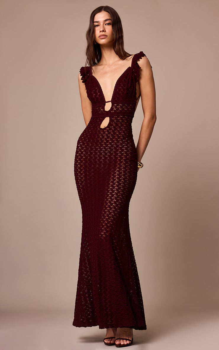 Wine Textured Frill Strap Maxi Dress
