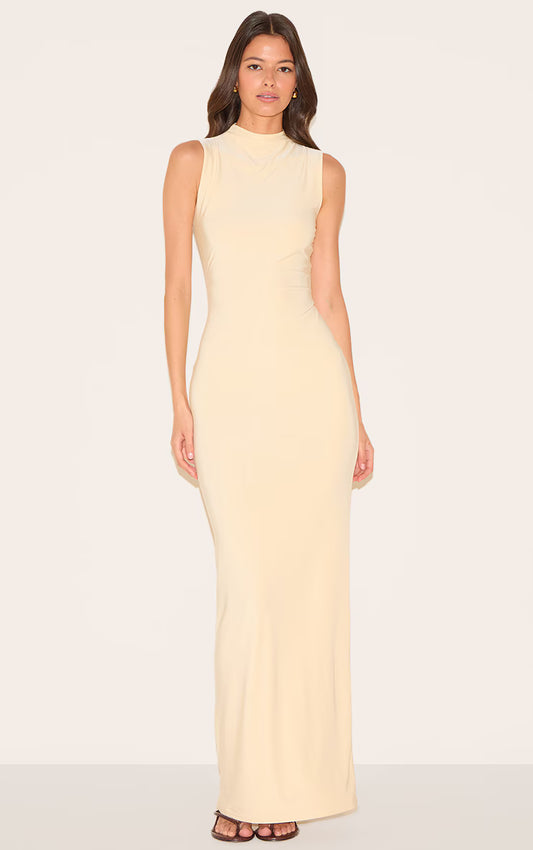 Almond Double Layer High Neck Sleeveless Maxi Dress