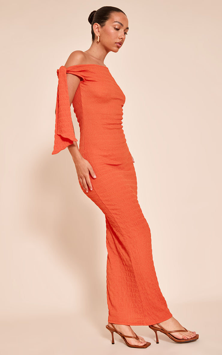 Rust Textured Asymmetric Drape Detail Bodycon Dress