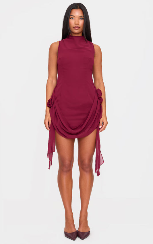 Burgundy Chiffon Boat Neck Drape Detail Mini Dress