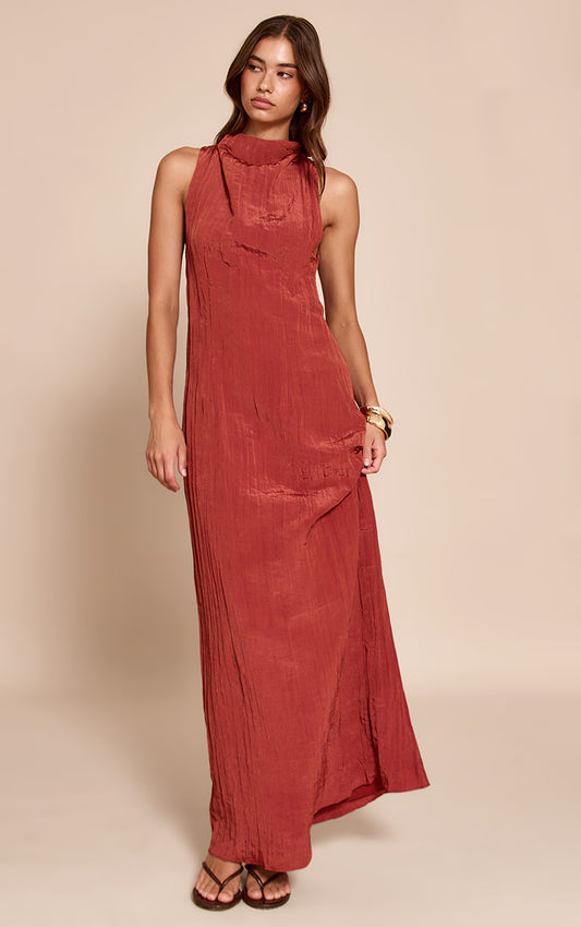Rust Textured Ruched Maxi Dress