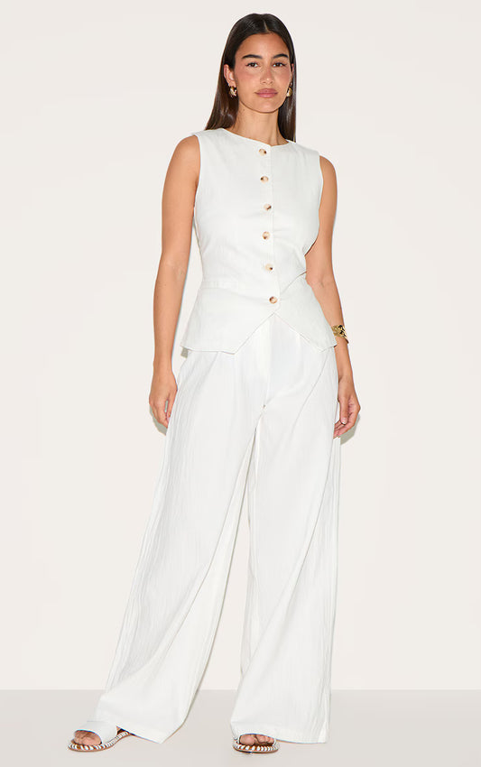 White Linen Look Wide Leg Pleated Pants
