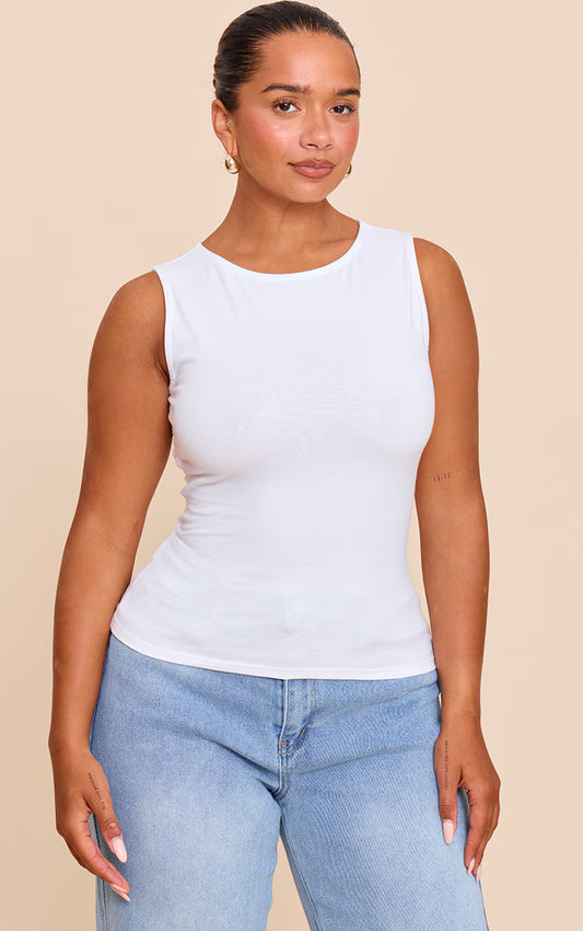 Shape White Boat Neck Tie Back Sleevless T-shirt