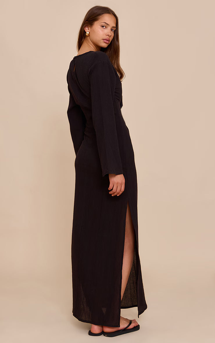 Black Textured Long Sleeve Maxi Dress