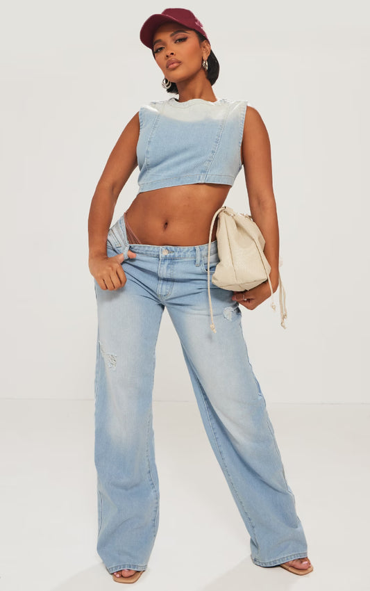 Shape Light Blue Washed Denim Wide Leg Jeans
