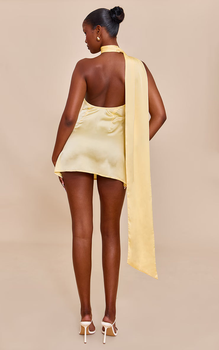 Lemon Satin Scarf Detail Shift Dress
