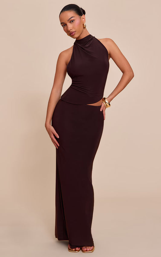 Chocolate Brown Slinky Mid Rise Maxi Skirt