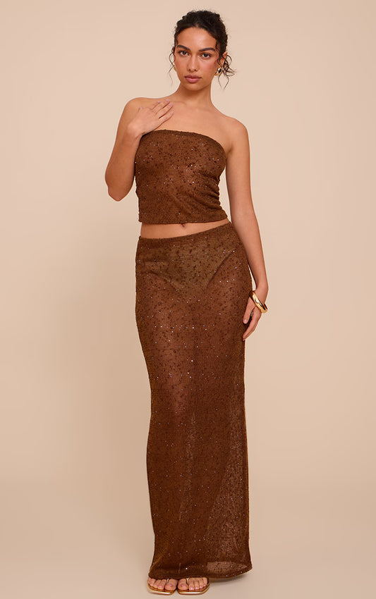 Chocolate Textured Sequin Maxi Skirt