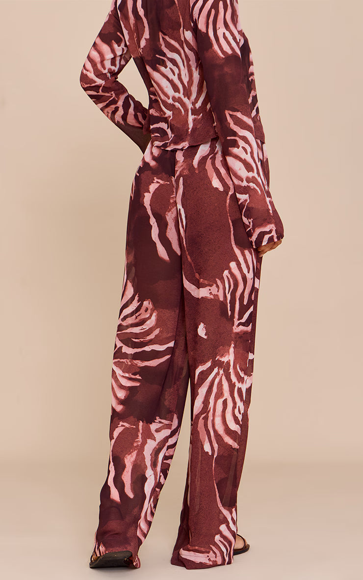 Brown Chiffon Abstract Print Wide Leg Pants