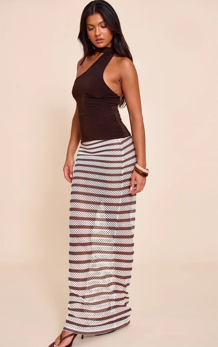 Taupe Textured Stripe Bandeau Maxi Dress