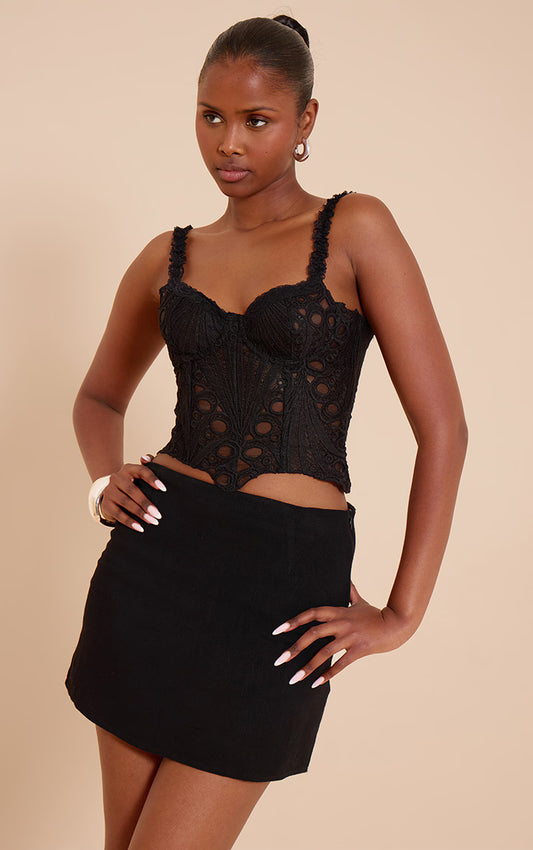 Black Strappy Textured Sheer Floral Lace Corset