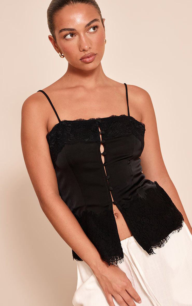 Black Satin Button Up Lace Detail Cami