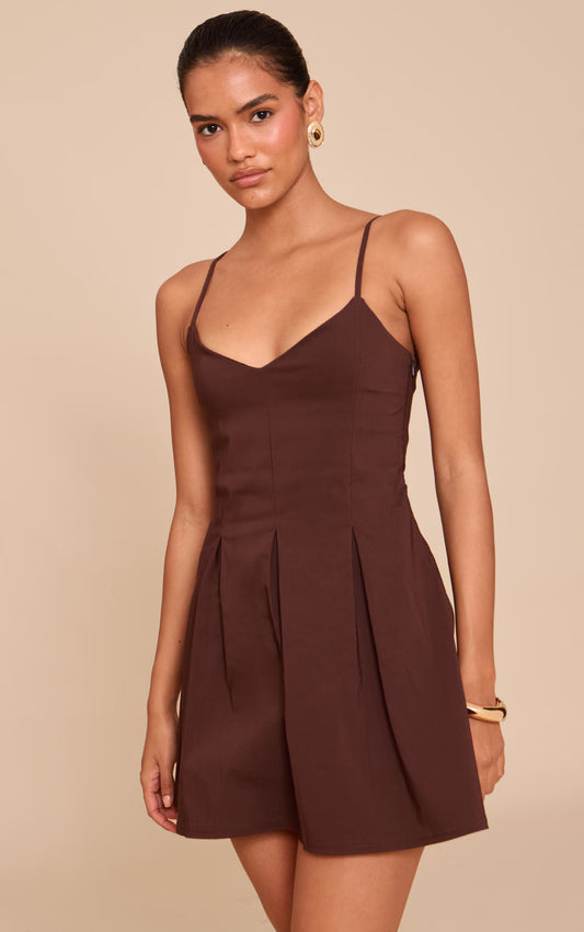 Chocolate Stretch Woven Strappy Pleated Shift Dress