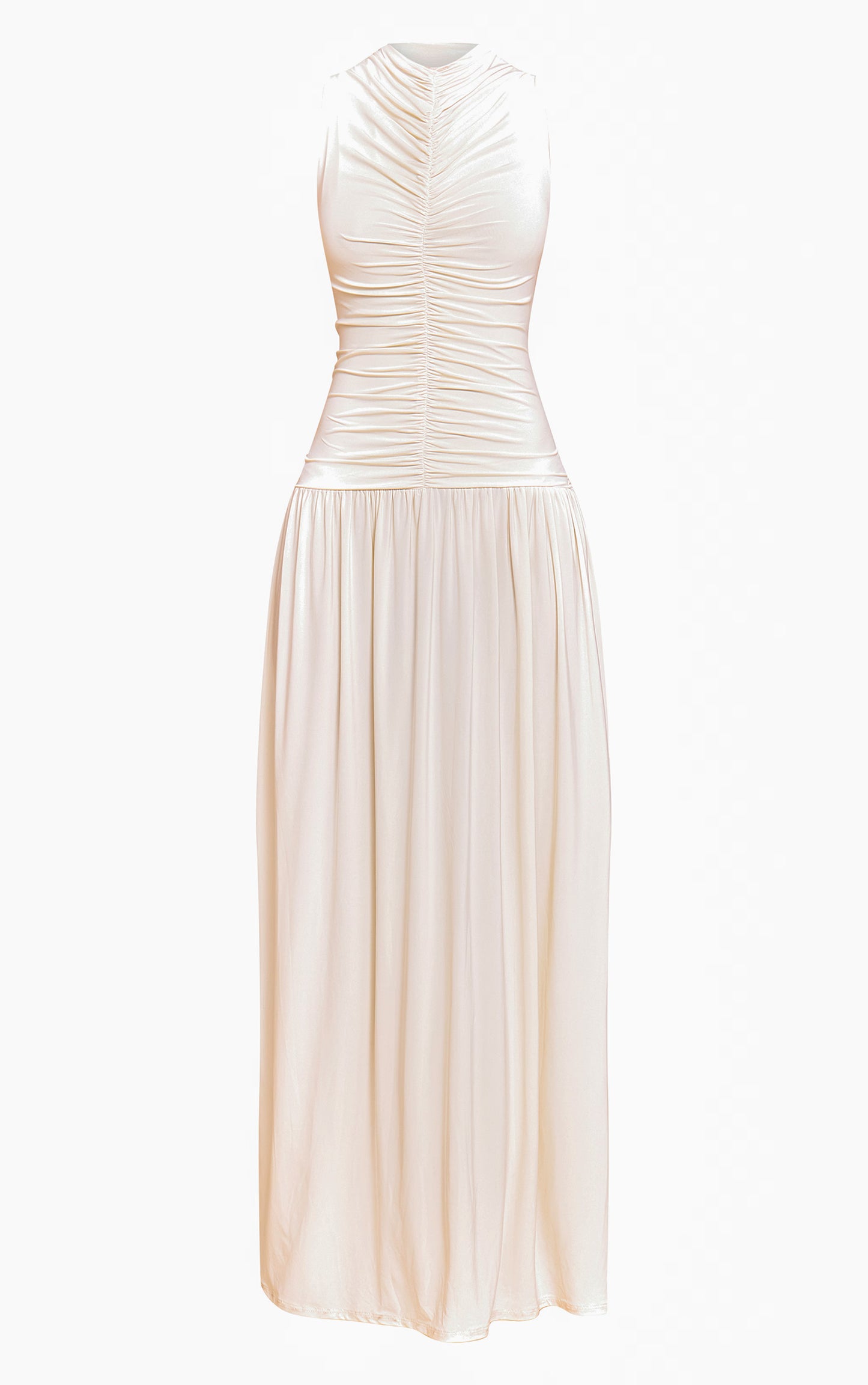 Cream Double Layer Soft Touch Drop Waist Ruched Maxi Dress