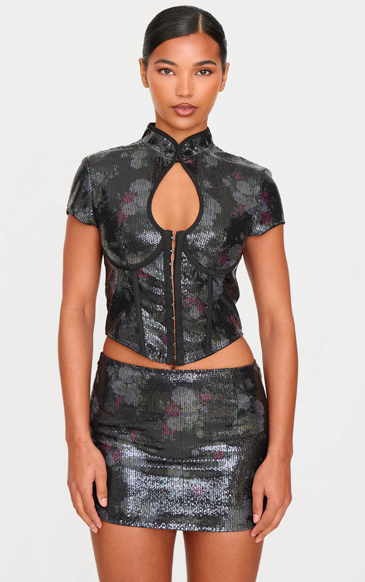 Black Printed Sequin Micro Mini Skirt