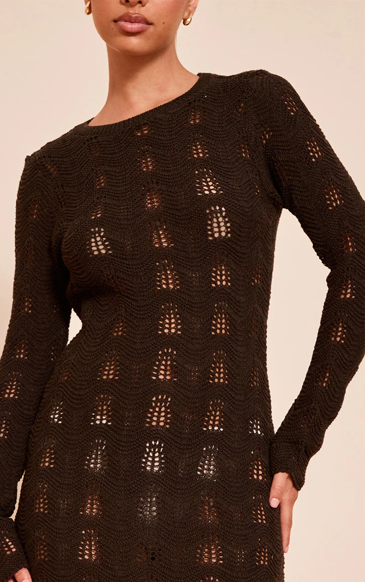 Chocolate Long Sleeve Backless Maxi Dress