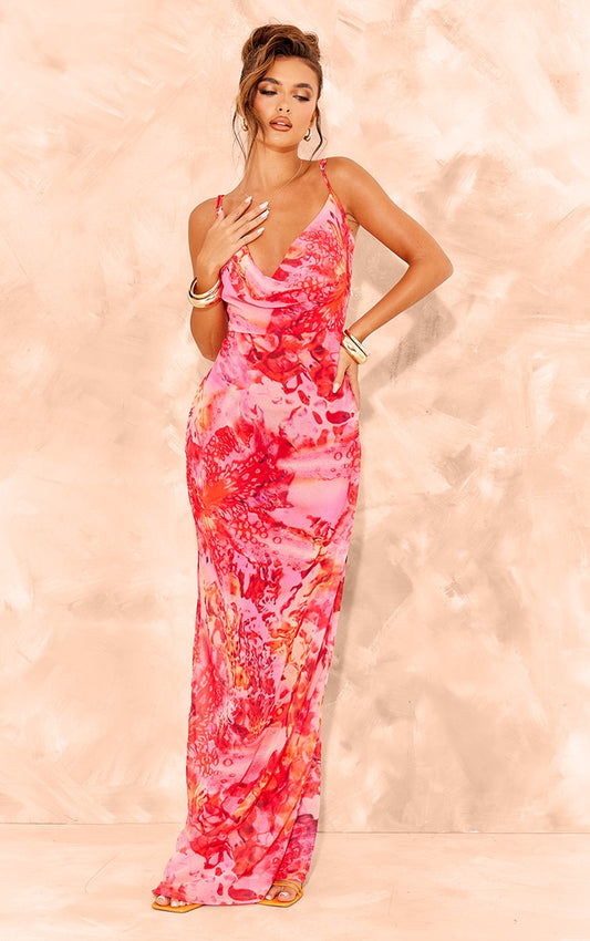Pink Floral Print Sheer Chiffon Lace Up Back Maxi Dress
