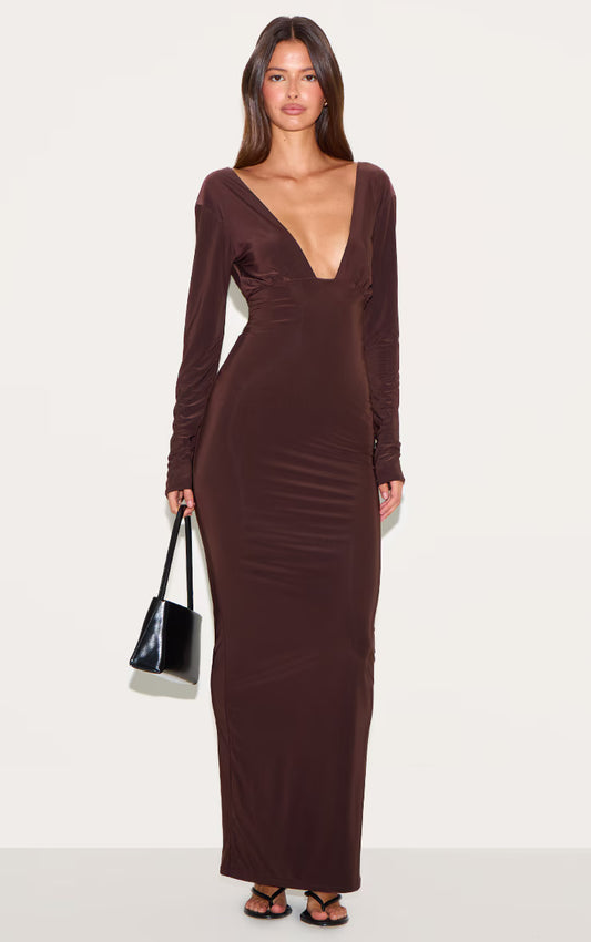 Deep Chocolate Double Layer Deep Plunge Maxi Dress