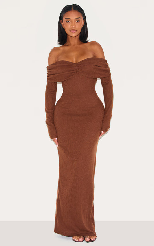 Shape Chocolate Brushed Rib Ruched Fold Over Bardot Maxi Dress