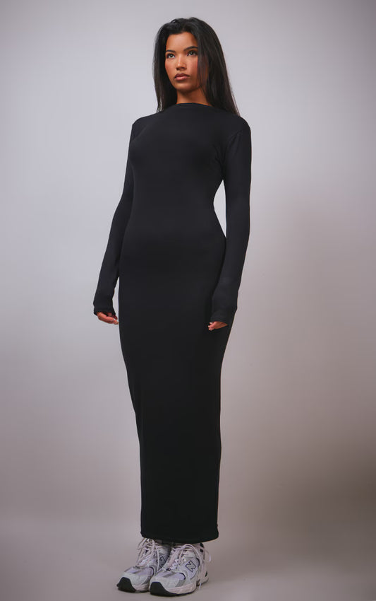 Black High Neck Boat Neck Split Maxi Dress