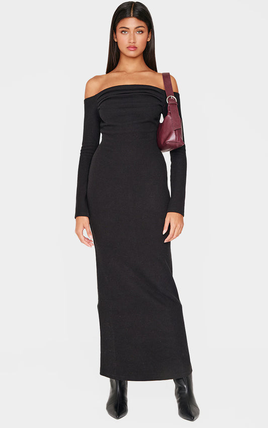 Black Heavy Rib Bardot Long Sleeve Maxi Dress