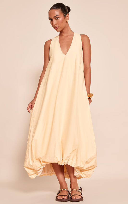 Lemon Cotton Poplin Plunge Sleeveless Maxi Dress