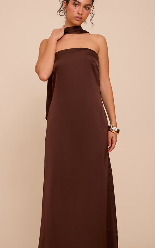 Chocolate Satin Bandeau Scarf Detail Maxi Dress