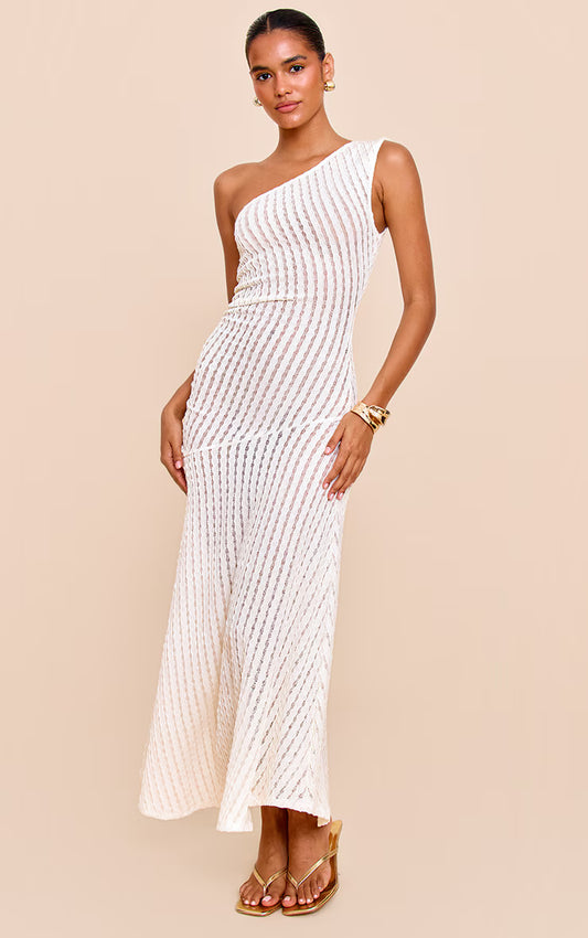 Cream Textured One Shoulder Ruched Maxi Dress