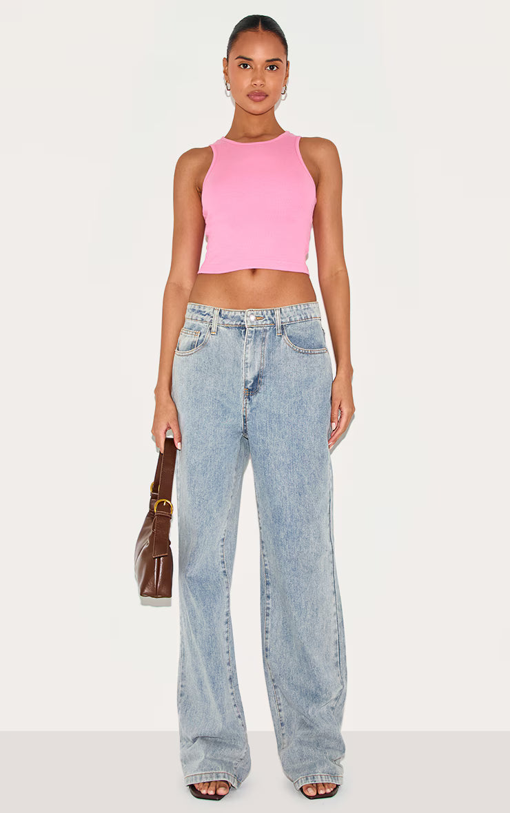 Pink Basic Rib Racer Crop Top