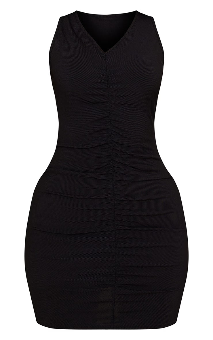 Petite Black Ribbed Ruched Racer Dress