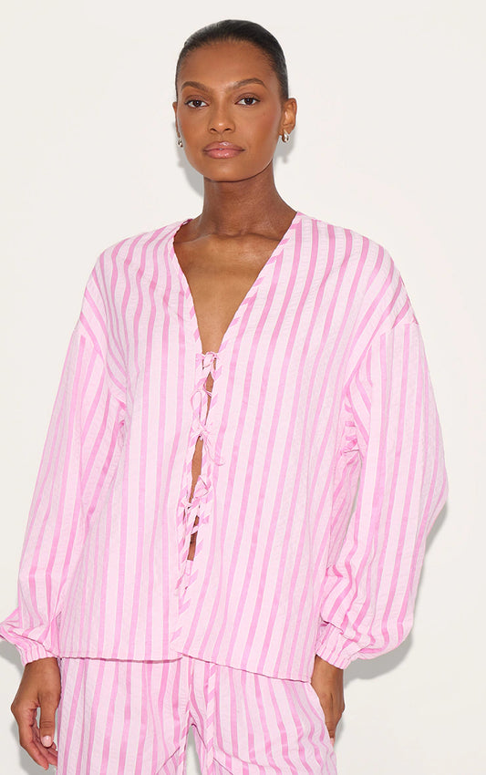 Pink Striped Textured Tie Front Shirt