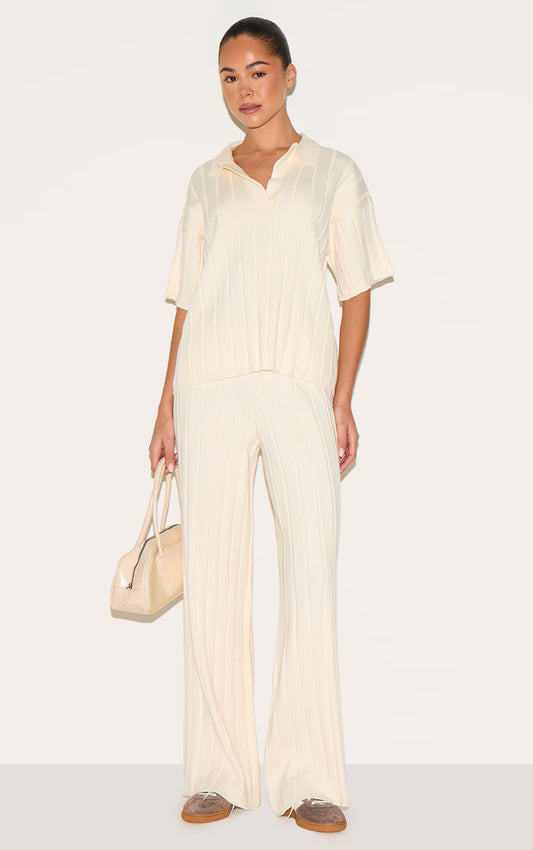 Cream Wide Rib Knit Pants