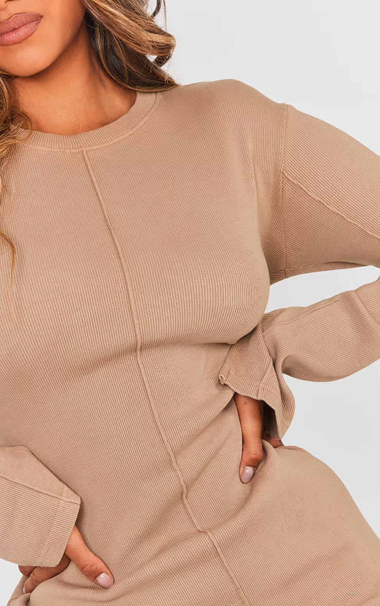 Taupe Ribbed Exposed Seam Long Sleeve Bodycon Dress