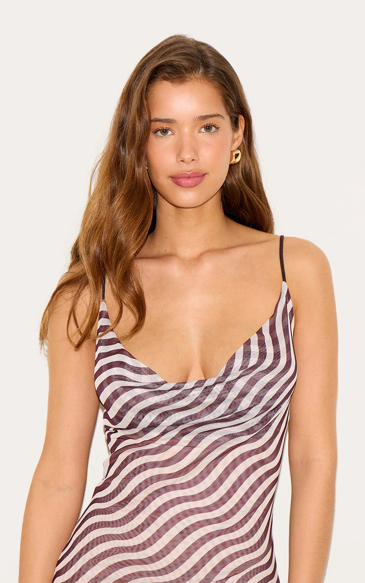 Stone Mesh Asymmetric Strappy Stripe Dress