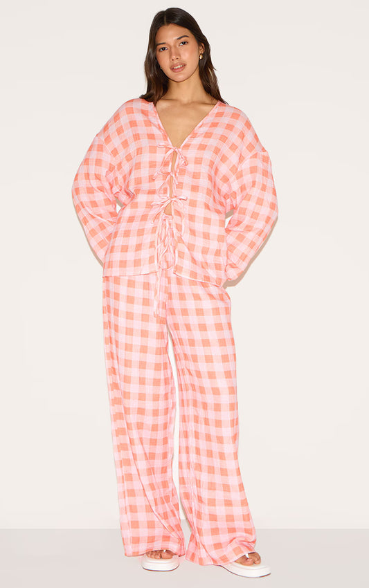 Orange Checked Cheesecloth Tie Waist Wide Leg Pant